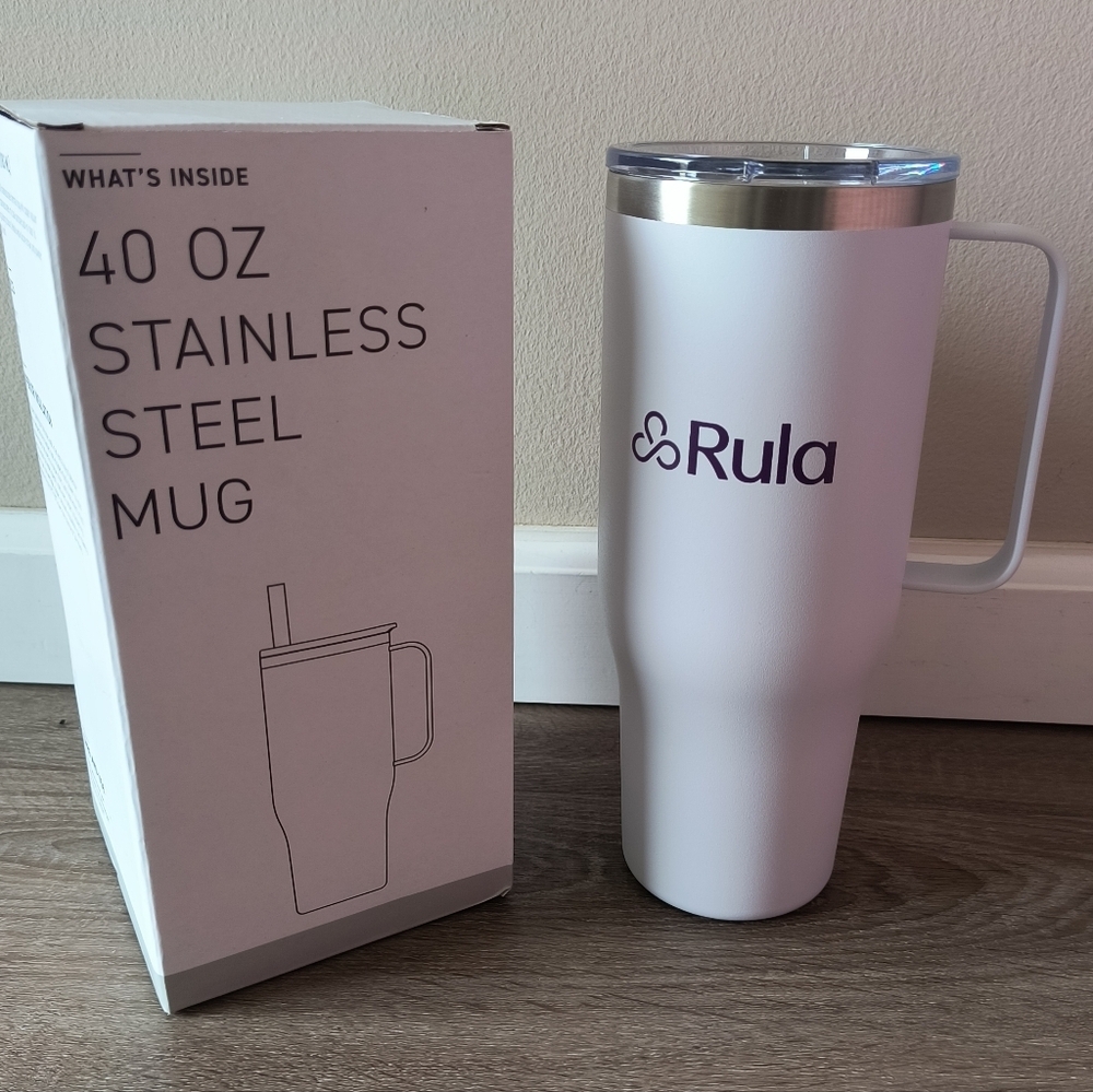 40 oz Stainless Steel White Mug with Flexible Straw New In Box Denali Rula